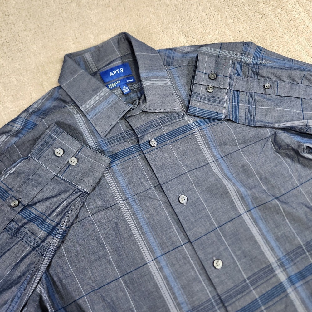 Apt. 9 Shirt Men 15 Premier Flex Slim Fit Button Up Blue Gray Plaid